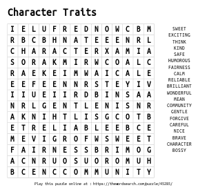 Word Search on Character Traits
