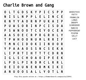 Word Search on Charlie Brown and Gang
