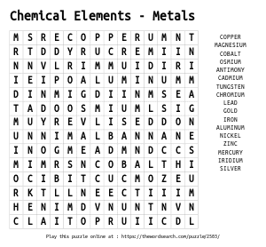 Word Search on Chemical Elements - Metals