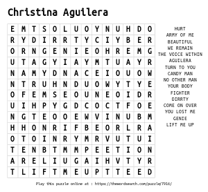 Word Search on Christina Aguilera