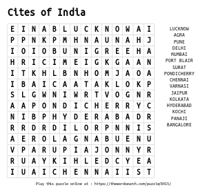 Word Search on Cites of India