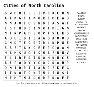 Word Search on Cities of North Carolina