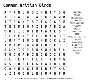 Word Search on Common British Birds