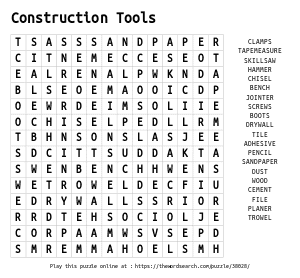 Word Search on Construction Tools