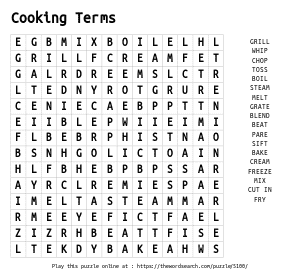 Word Search on Cooking Terms