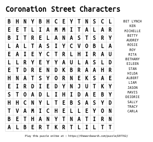Word Search on Coronation Street Characters