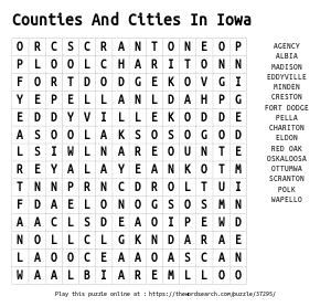 Word Search on Counties And Cities In Iowa