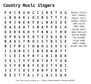 Word Search on Country Music Singers