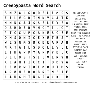 Word Search on Creepypasta Word Search