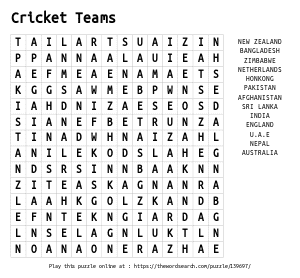 Word Search on Cricket Teams 