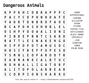 Word Search on Dangerous Animals