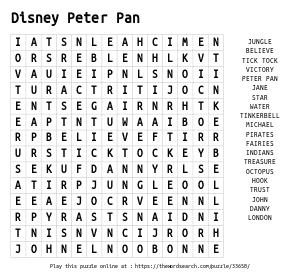 Word Search on Disney Peter Pan