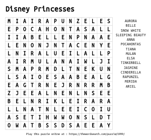 Word Search on Disney Princesses