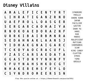 Word Search on Disney Villains