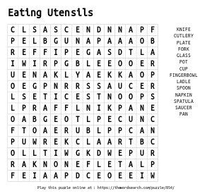 Word Search on Eating Utensils
