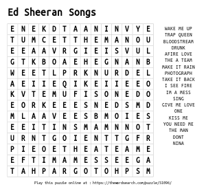 Word Search on Ed Sheeran Songs