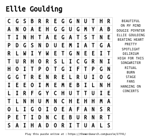 Word Search on Ellie Goulding