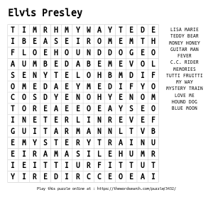 Word Search on Elvis Presley