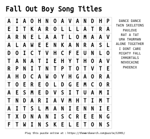Word Search on Fall Out Boy Song Titles