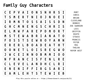 Word Search on Family Guy Characters