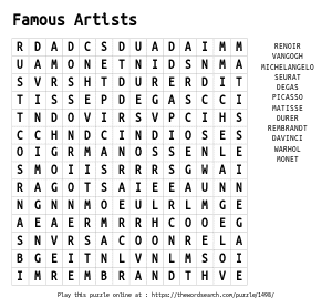 Word Search on Famous Artists