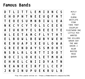 Word Search on Famous Bands