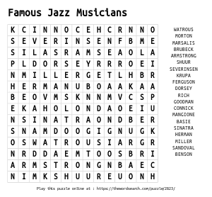Word Search on Famous Jazz Musicians
