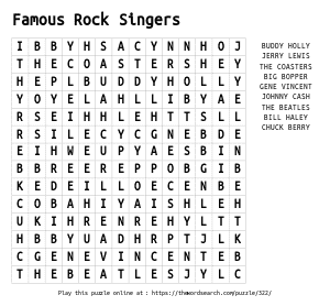 Word Search on Famous Rock Singers