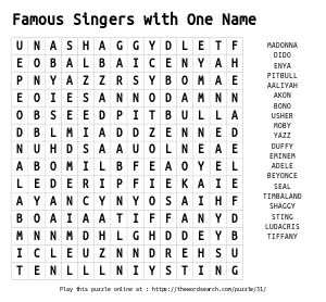 Word Search on Famous Singers with One Name