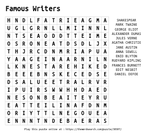 Word Search on Famous Writers