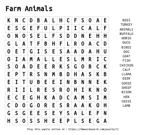 Word Search on Farm Animals