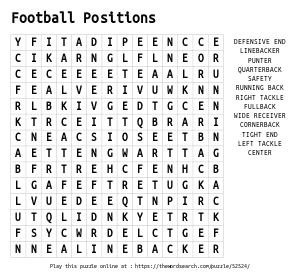 Word Search on Football Positions 