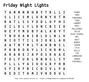 Word Search on Friday Night Lights