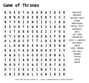 Word Search on Game of Thrones 