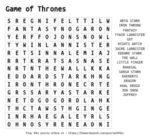 Word Search on Game of Thrones