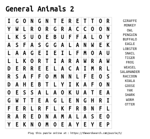 Word Search on General Animals 2