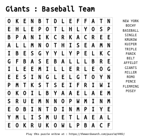 Word Search on Giants : Baseball Team