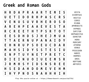 Word Search on Greek and Roman Gods