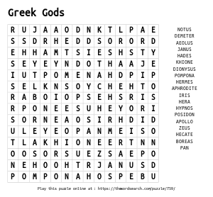 Word Search on Greek Gods