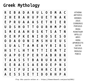 Word Search on Greek Mythology