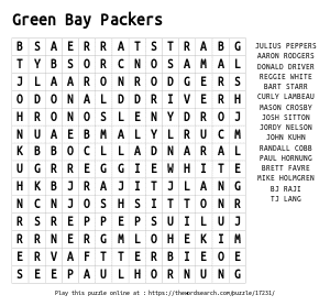 Word Search on Green Bay Packers