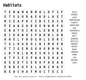 Word Search on Habitats
