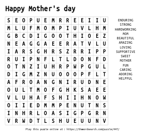 Word Search on Happy Mother's day