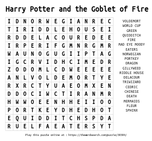 Word Search on Harry Potter and the Goblet of Fire