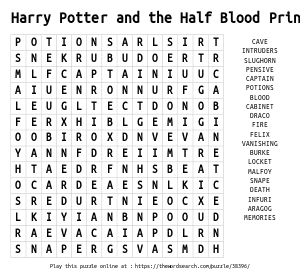 Word Search on Harry Potter and the Half Blood Prince