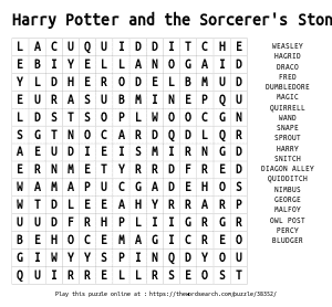 Word Search on Harry Potter and the Sorcerer's Stone