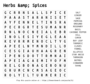 Word Search on Herbs & Spices