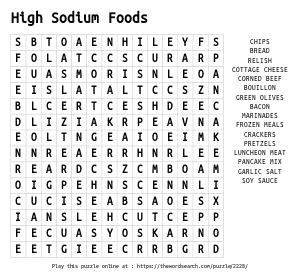 Word Search on High Sodium Foods