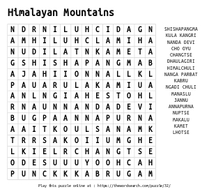 Word Search on Himalayan Mountains