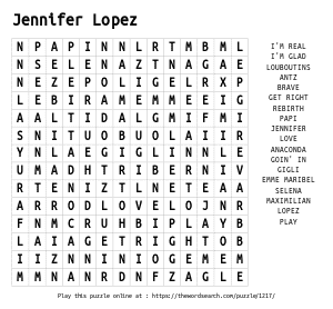 Word Search on Jennifer Lopez